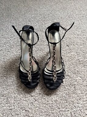 Windsor Smith Black Satin T-Strap Heels with Crystal Embellishment